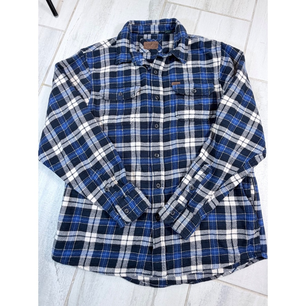 Orvis Mens Blue White Plaid Flannel Button Down Shirt Large Cotton L/S Pockets